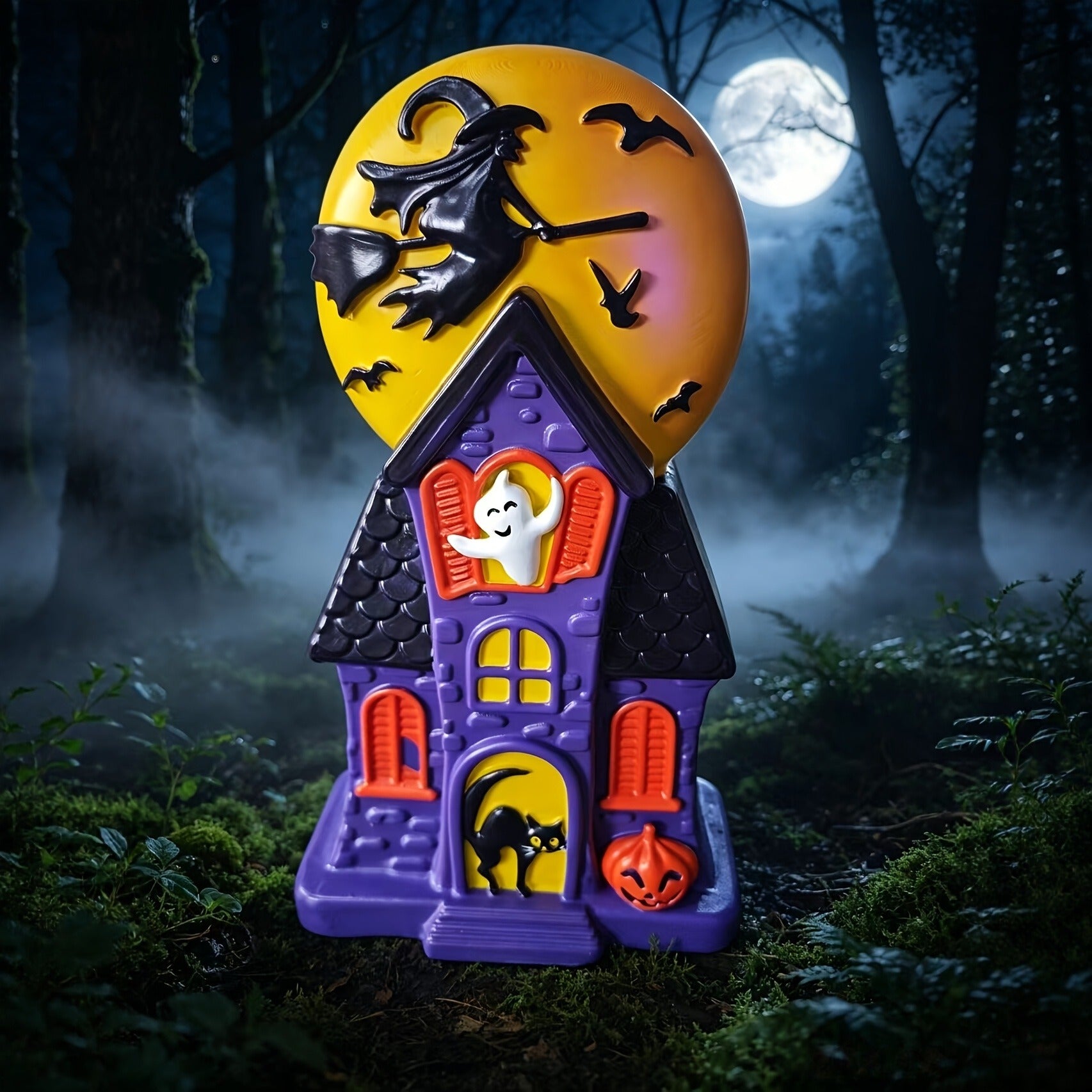 Halloween Haunted House Blow Mold Light Resin Pre-Lit Vintage Lighted | Spooky Glowing Mansion Decor With Witch Moon Ghost Black Cat Indoor Tabletop Outdoor Garden Halloween Party Decoration 10.8in