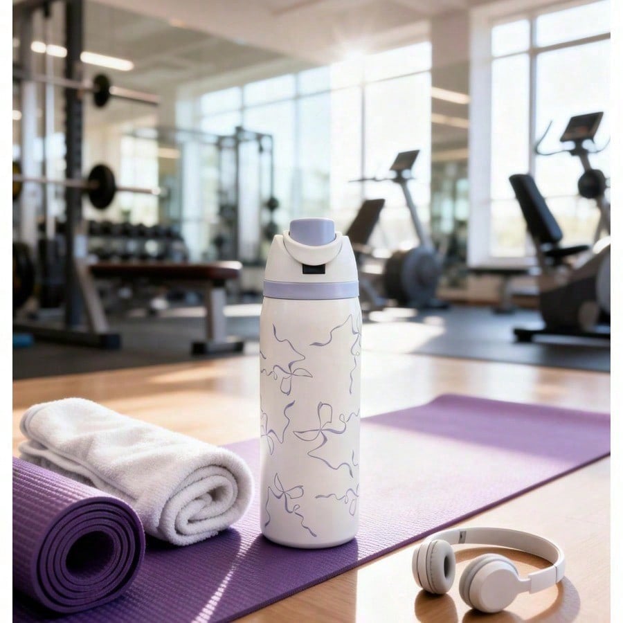 304 Stainless Steel Fitness Sports Vacuum Bottle With Handle And Straw, Large Capacity Macaron Thermal Mug /16/19/24/32 Oz (Blue Bow,32)