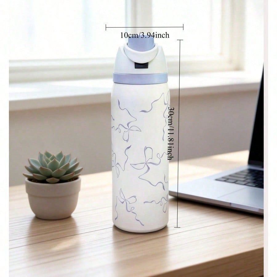 304 Stainless Steel Fitness Sports Vacuum Bottle With Handle And Straw, Large Capacity Macaron Thermal Mug /16/19/24/32 Oz (Blue Bow,32)