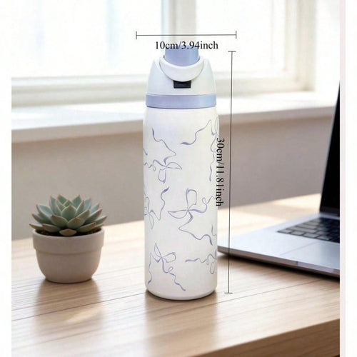 304 Stainless Steel Fitness Sports Vacuum Bottle With Handle And Straw, Large Capacity Macaron Thermal Mug /16/19/24/32 Oz (Blue Bow,32)