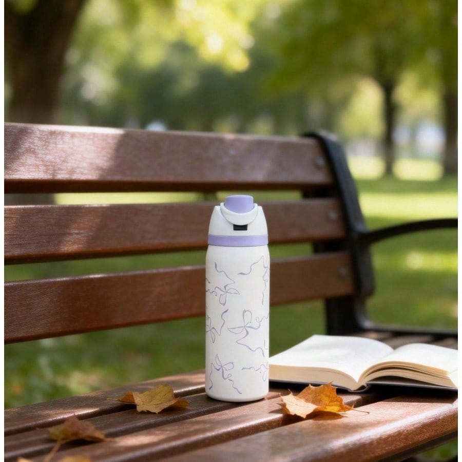 304 Stainless Steel Fitness Sports Vacuum Bottle With Handle And Straw, Large Capacity Macaron Thermal Mug /16/19/24/32 Oz (Blue Bow,32)