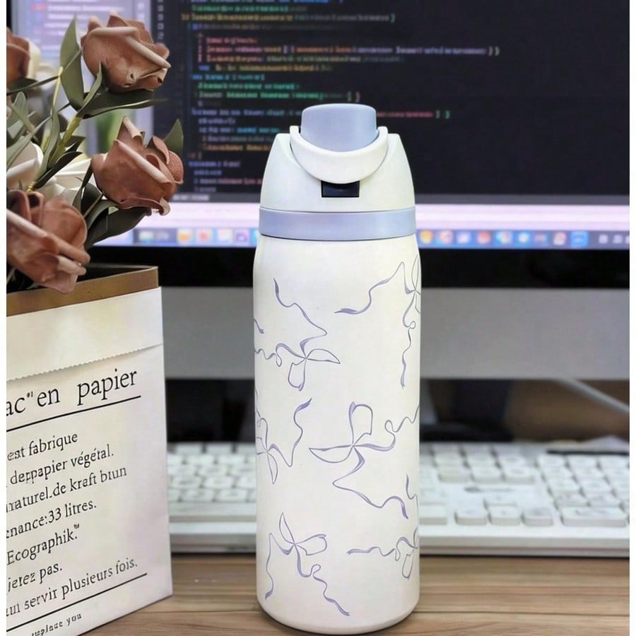 304 Stainless Steel Fitness Sports Vacuum Bottle With Handle And Straw, Large Capacity Macaron Thermal Mug /16/19/24/32 Oz (Blue Bow,32)