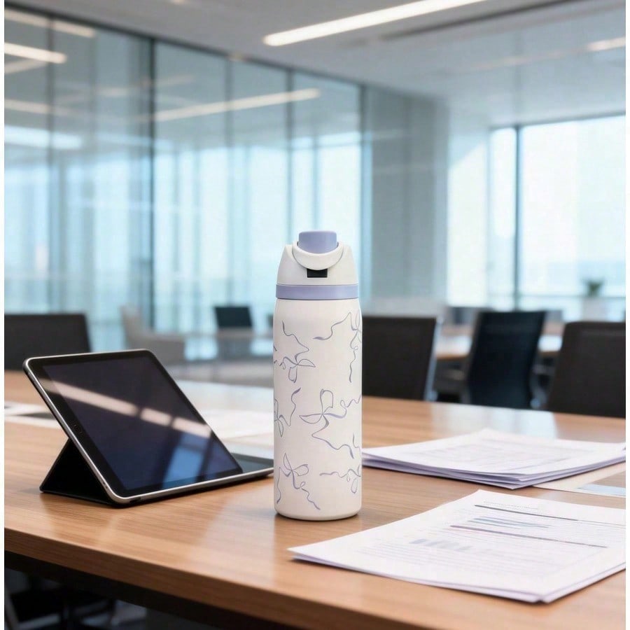 304 Stainless Steel Fitness Sports Vacuum Bottle With Handle And Straw, Large Capacity Macaron Thermal Mug /16/19/24/32 Oz (Blue Bow,32)