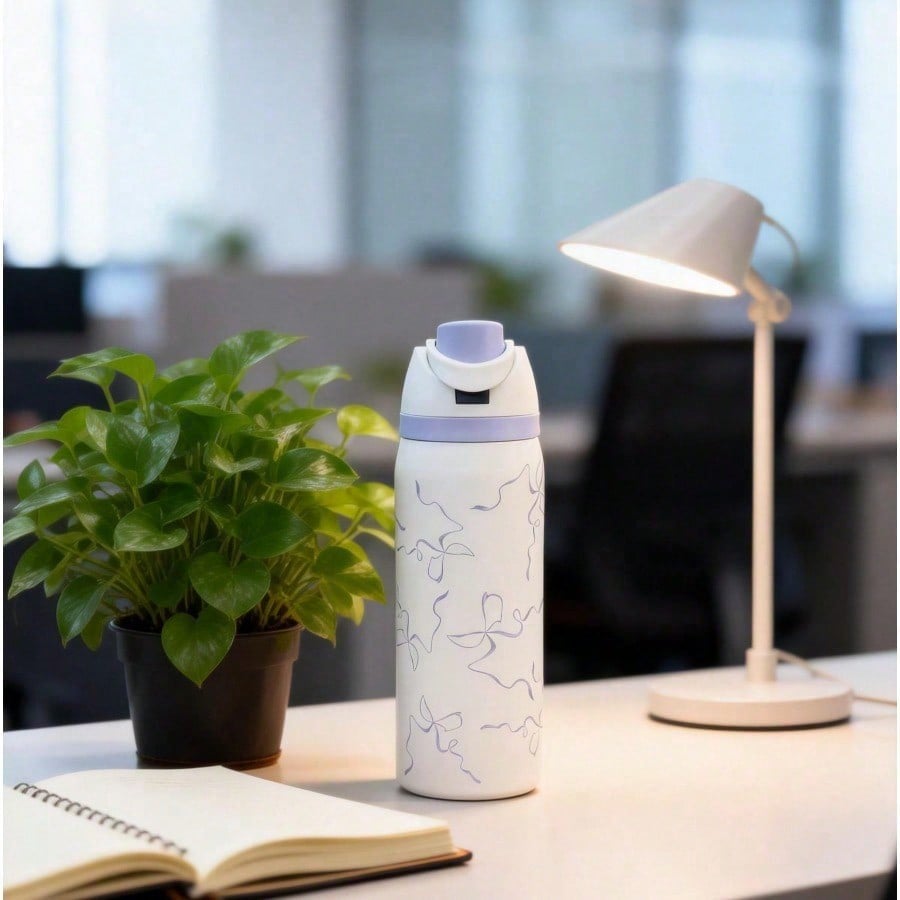 304 Stainless Steel Fitness Sports Vacuum Bottle With Handle And Straw, Large Capacity Macaron Thermal Mug /16/19/24/32 Oz (Blue Bow,32)