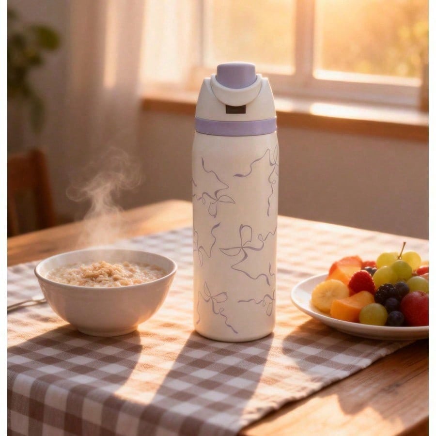 304 Stainless Steel Fitness Sports Vacuum Bottle With Handle And Straw, Large Capacity Macaron Thermal Mug /16/19/24/32 Oz (Blue Bow,32)