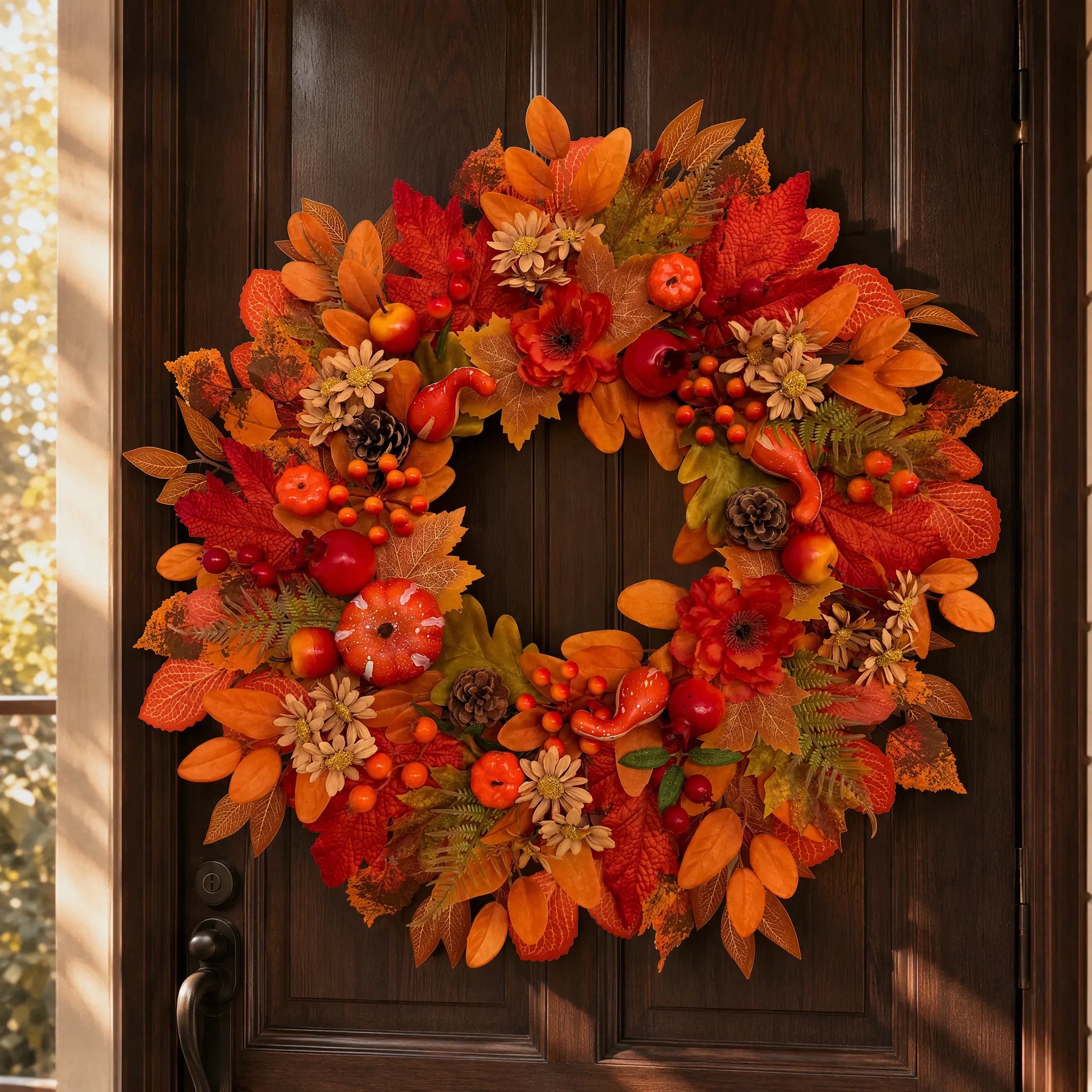 24 Inch Fall Wreath for Front Door – Autumn Wreath with Pumpkins, Apples, Pomegranates, Maple Leaves and Berries for Farmhouse Porch, Thanksgiving and Harvest Decor