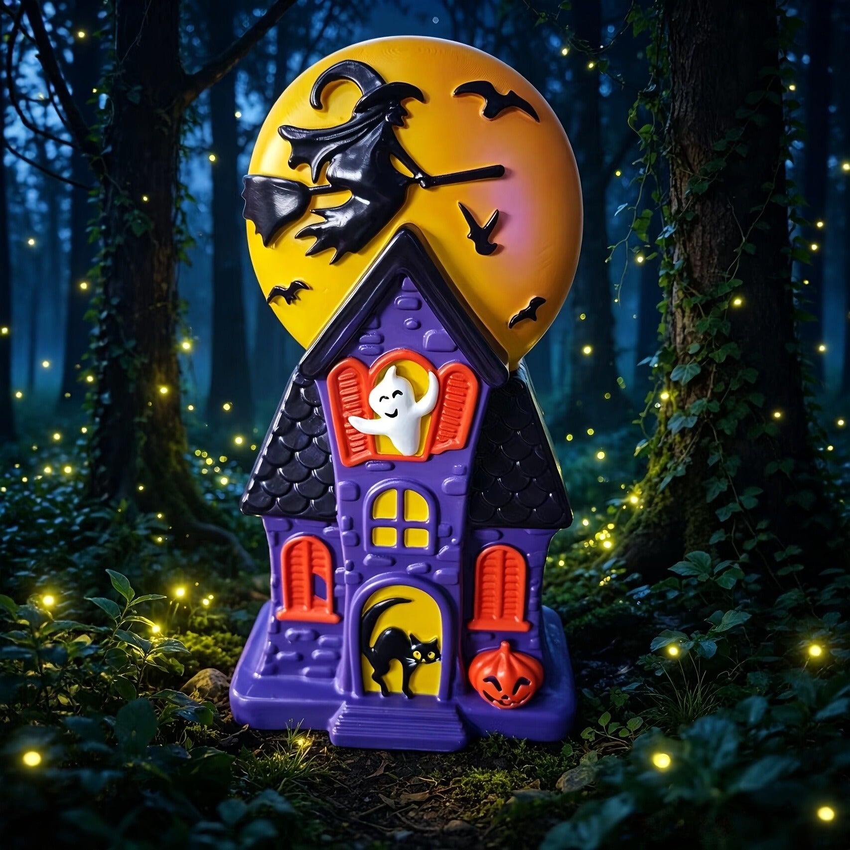 Halloween Haunted House Blow Mold Light Resin Pre-Lit Vintage Lighted | Spooky Glowing Mansion Decor With Witch Moon Ghost Black Cat Indoor Tabletop Outdoor Garden Halloween Party Decoration 10.8in