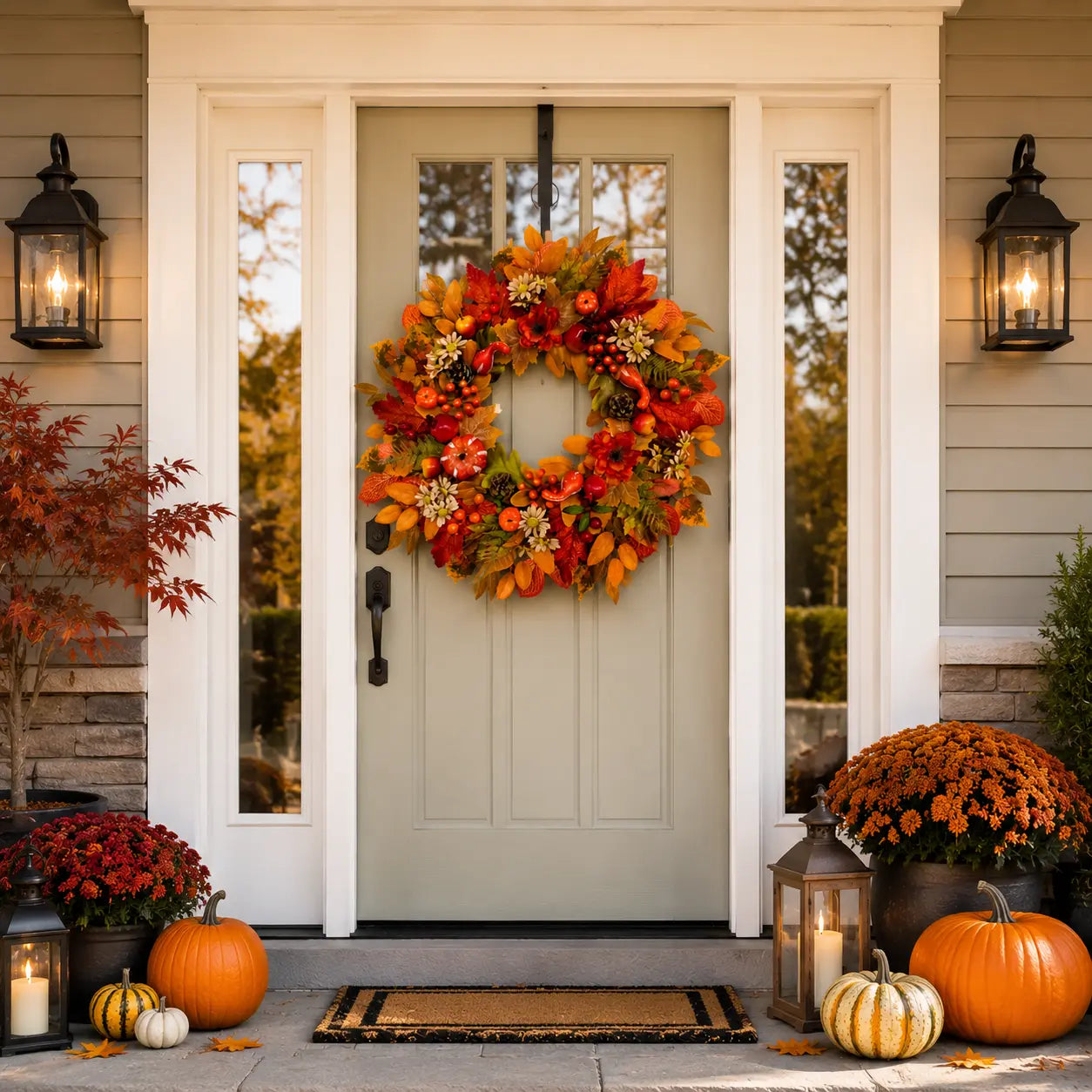 24 Inch Fall Wreath for Front Door – Autumn Wreath with Pumpkins, Apples, Pomegranates, Maple Leaves and Berries for Farmhouse Porch, Thanksgiving and Harvest Decor