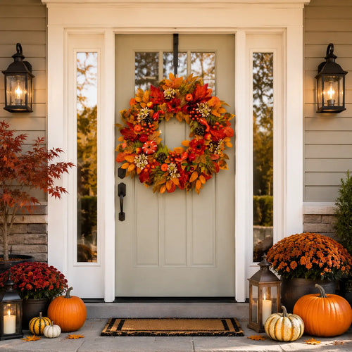 24 Inch Fall Wreath for Front Door – Autumn Wreath with Pumpkins, Apples, Pomegranates, Maple Leaves and Berries for Farmhouse Porch, Thanksgiving and Harvest Decor