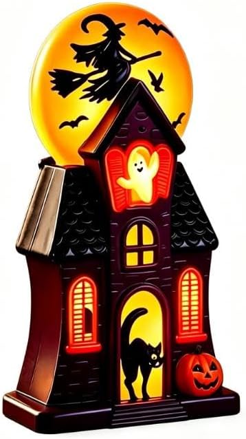 Halloween Haunted House Blow Mold Light Resin Pre-Lit Vintage Lighted | Spooky Glowing Mansion Decor With Witch Moon Ghost Black Cat Indoor Tabletop Outdoor Garden Halloween Party Decoration 10.8in