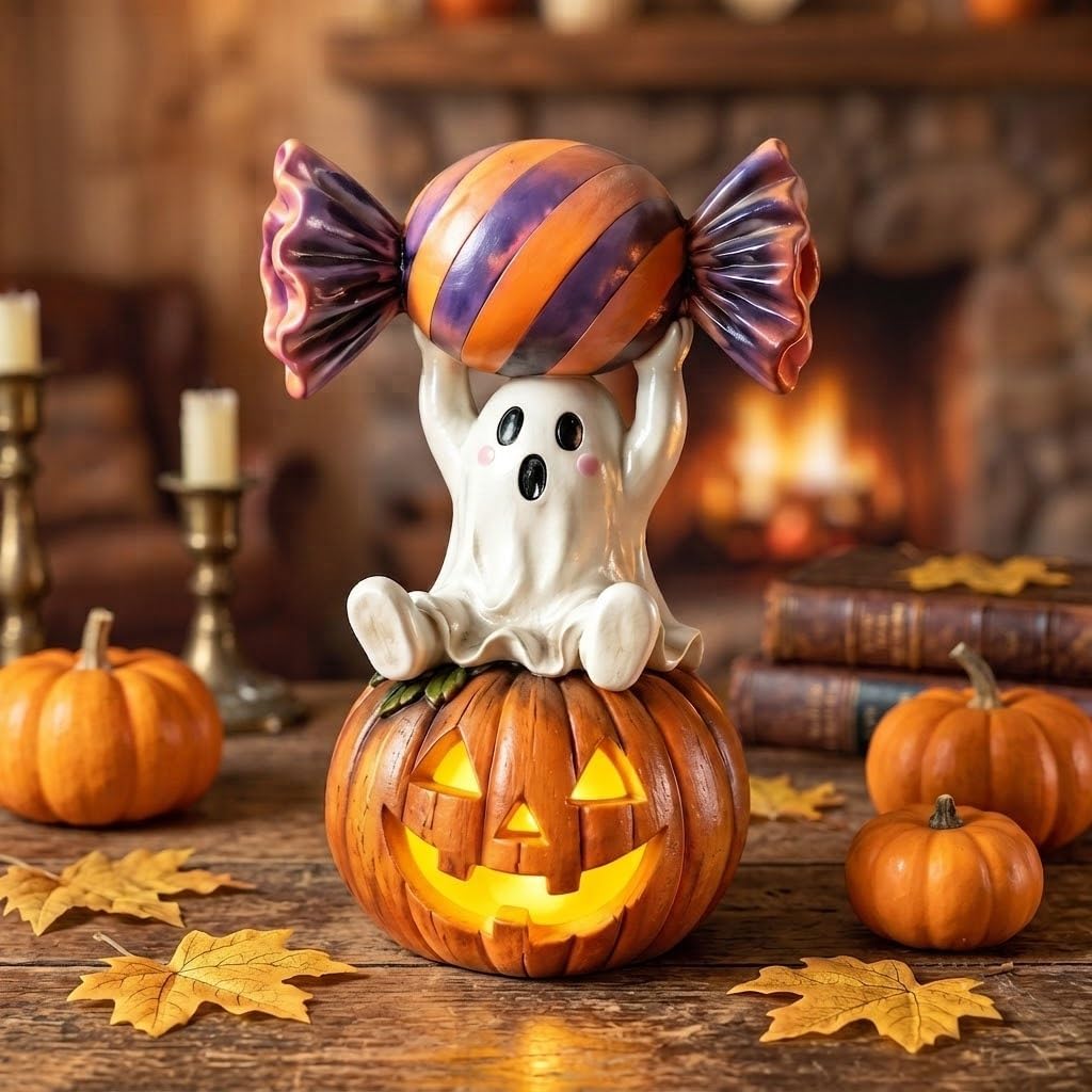 Halloween Ghost Pumpkin Figurine | Cute Decorative Ghost Statue for Home Shelf Desk Tabletop, Resin Halloween Ornament for Party, Farmhouse Seasonal Decor