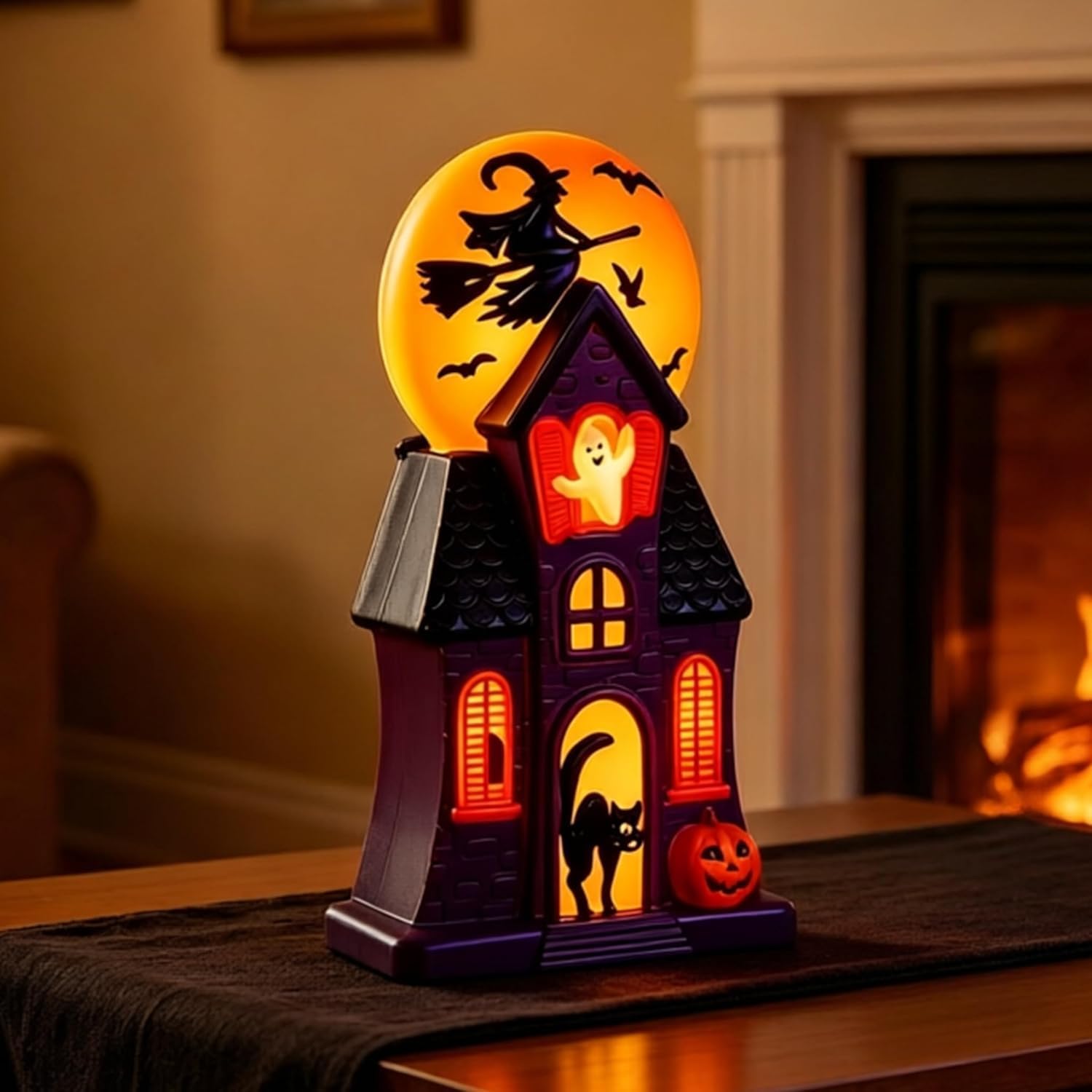 Halloween Haunted House Blow Mold Light Resin Pre-Lit Vintage Lighted | Spooky Glowing Mansion Decor With Witch Moon Ghost Black Cat Indoor Tabletop Outdoor Garden Halloween Party Decoration 10.8in