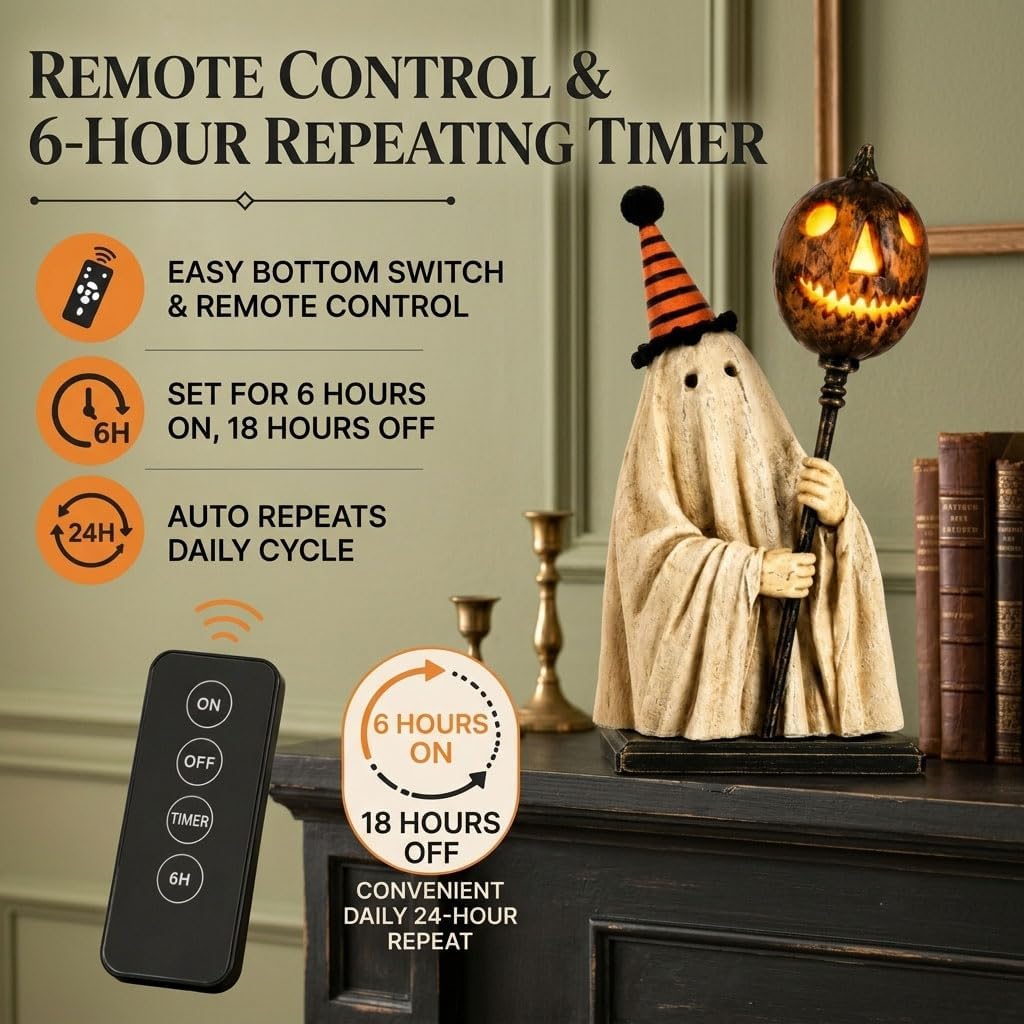 Lighted Vintage Ghost Figurine with Glowing Pumpkin Staff, Vintage Halloween Ghost Decor, Ghost Figurine for Mantel Shelf Entryway Table Home Office (1Pc)