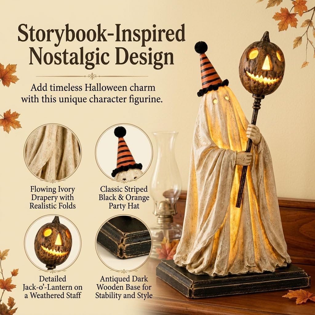 Lighted Vintage Ghost Figurine with Glowing Pumpkin Staff, Vintage Halloween Ghost Decor, Ghost Figurine for Mantel Shelf Entryway Table Home Office (1Pc)