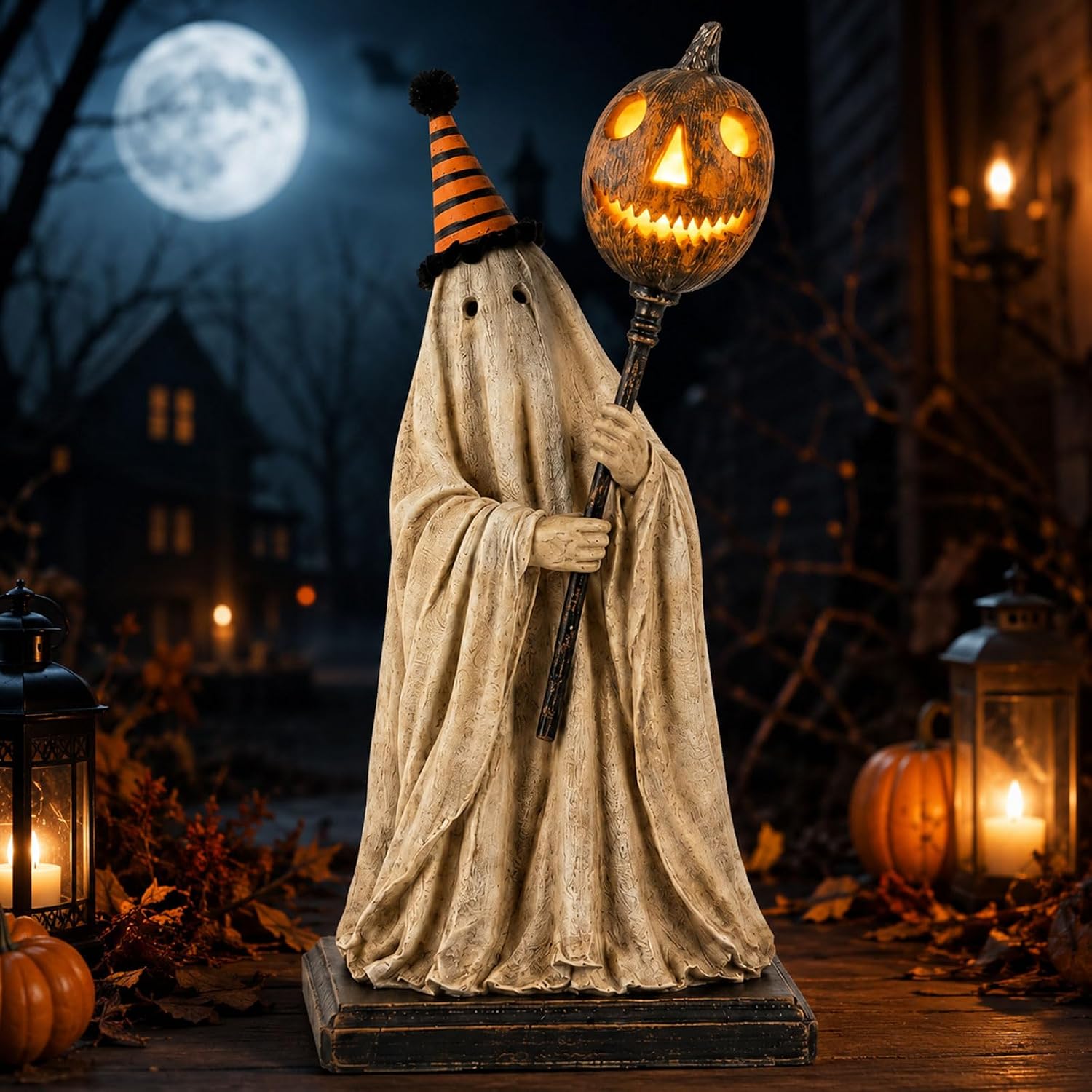 Lighted Vintage Ghost Figurine with Glowing Pumpkin Staff, Vintage Halloween Ghost Decor, Ghost Figurine for Mantel Shelf Entryway Table Home Office (1Pc)