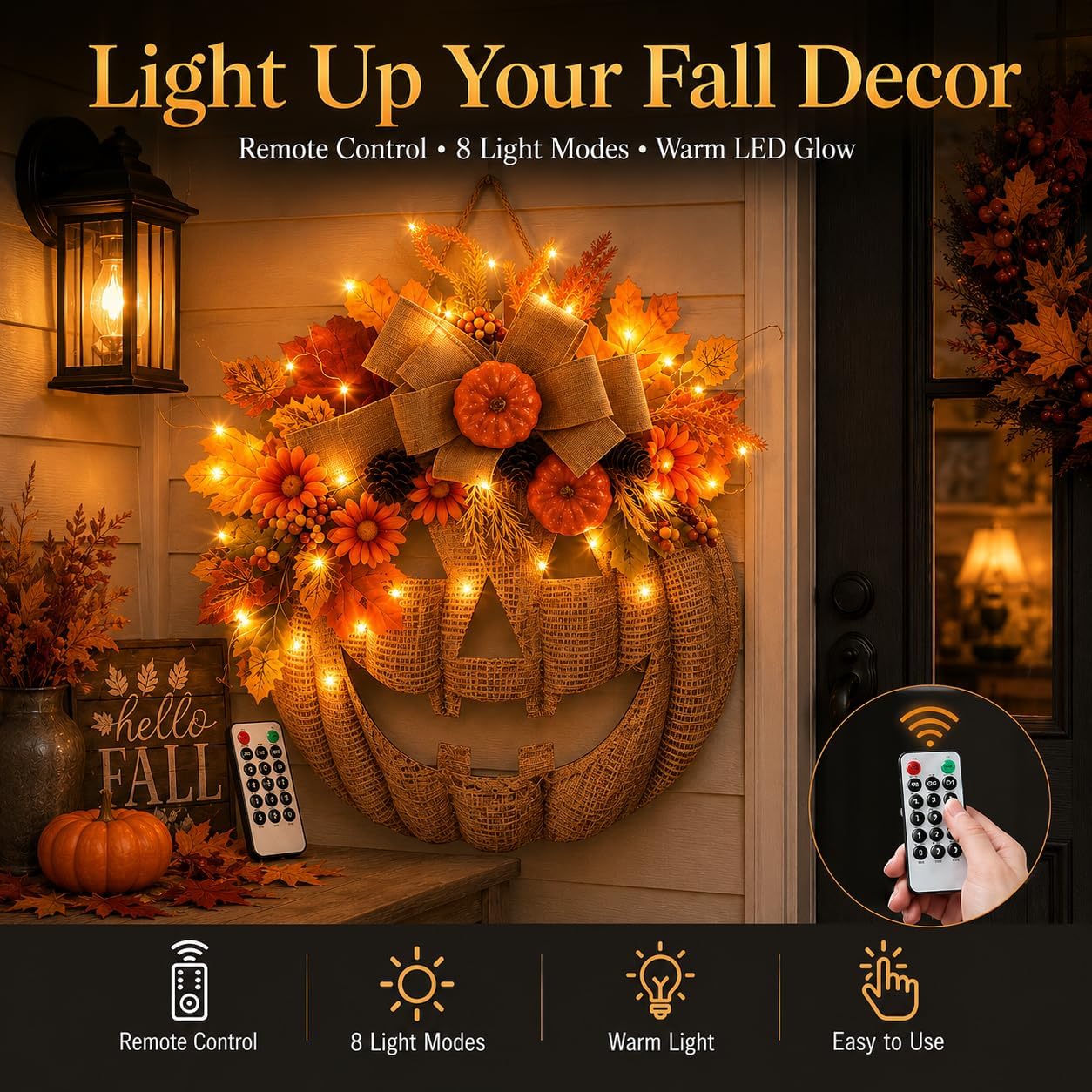 Lighted Burlap Pumpkin Wreath with Remote Control | Farmhouse Fall Wreath, 8-Mode LED Fall Door Decor, Halloween Autumn Wreath for Porch Home Decor，with Lights
