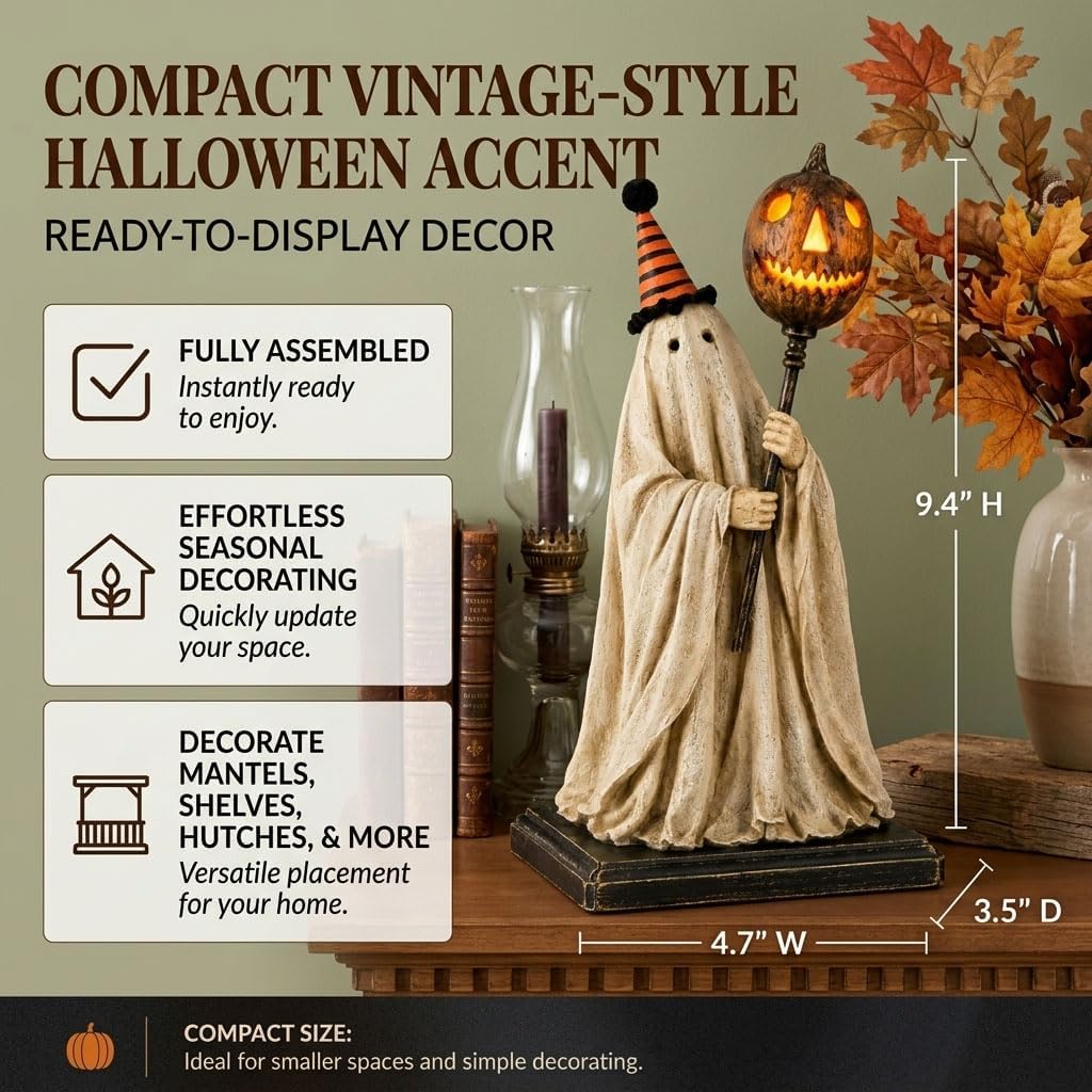 Lighted Vintage Ghost Figurine with Glowing Pumpkin Staff, Vintage Halloween Ghost Decor, Ghost Figurine for Mantel Shelf Entryway Table Home Office (1Pc)