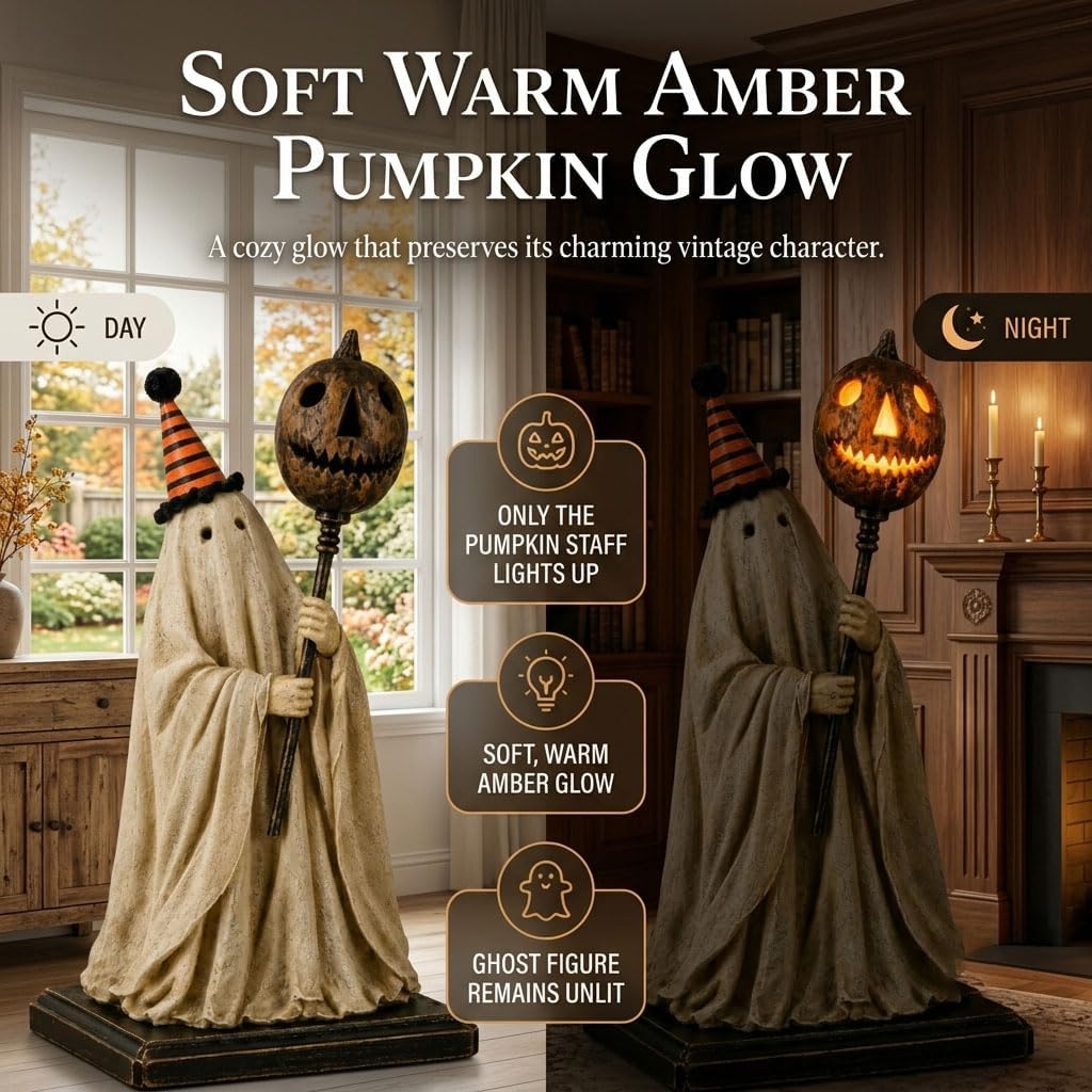 Lighted Vintage Ghost Figurine with Glowing Pumpkin Staff, Vintage Halloween Ghost Decor, Ghost Figurine for Mantel Shelf Entryway Table Home Office (1Pc)