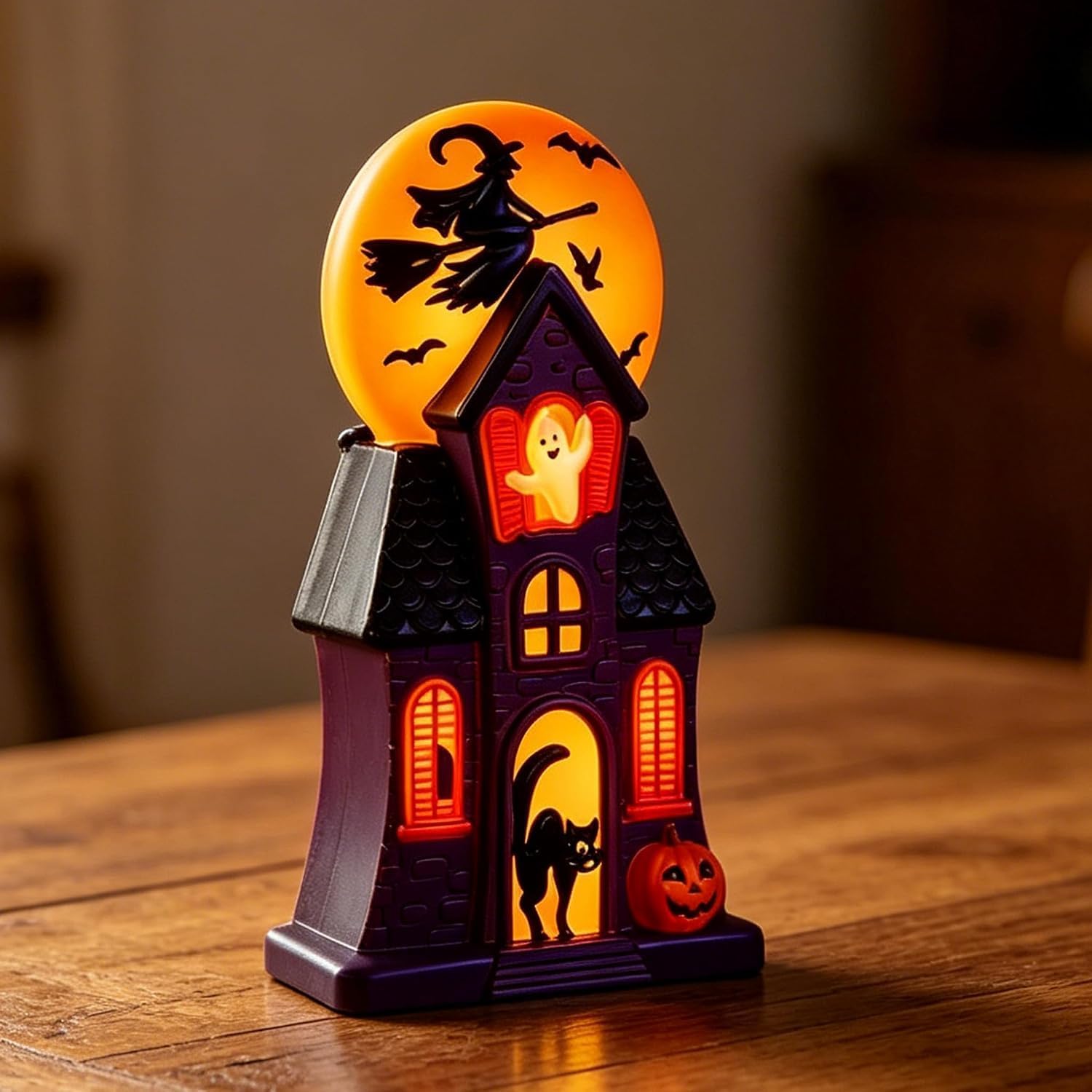 Halloween Haunted House Blow Mold Light Resin Pre-Lit Vintage Lighted | Spooky Glowing Mansion Decor With Witch Moon Ghost Black Cat Indoor Tabletop Outdoor Garden Halloween Party Decoration 10.8in