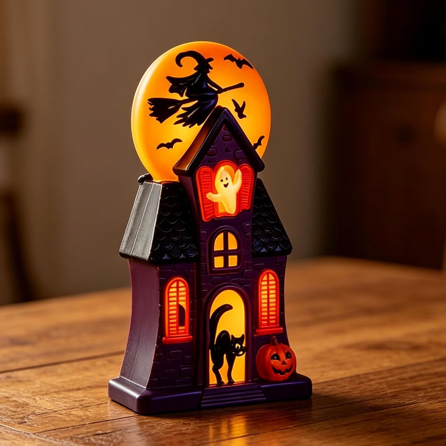 Halloween Haunted House Blow Mold Light Resin Pre-Lit Vintage Lighted | Spooky Glowing Mansion Decor With Witch Moon Ghost Black Cat Indoor Tabletop Outdoor Garden Halloween Party Decoration 10.8in