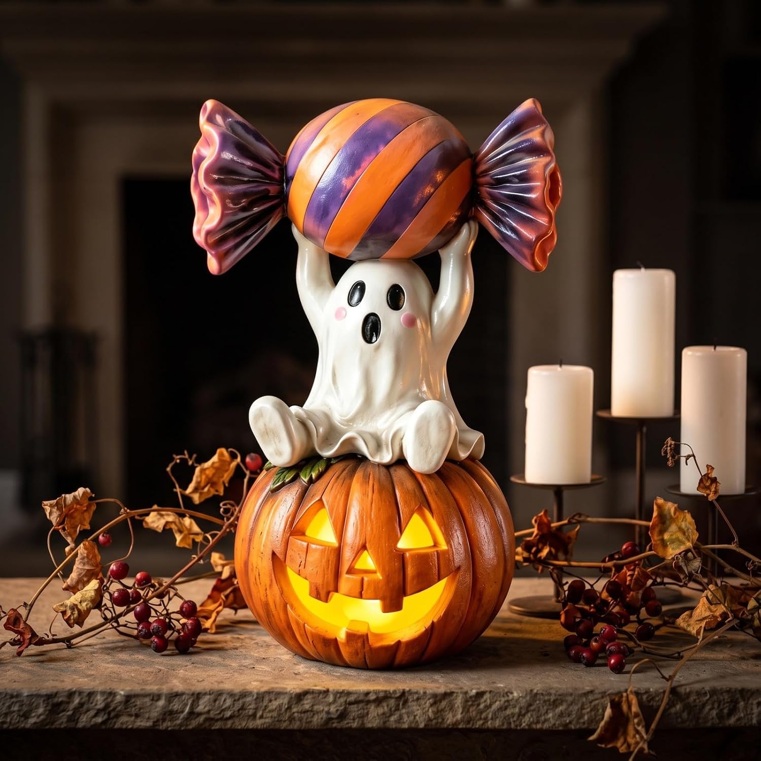 Halloween Ghost Pumpkin Figurine | Cute Decorative Ghost Statue for Home Shelf Desk Tabletop, Resin Halloween Ornament for Party, Farmhouse Seasonal Decor