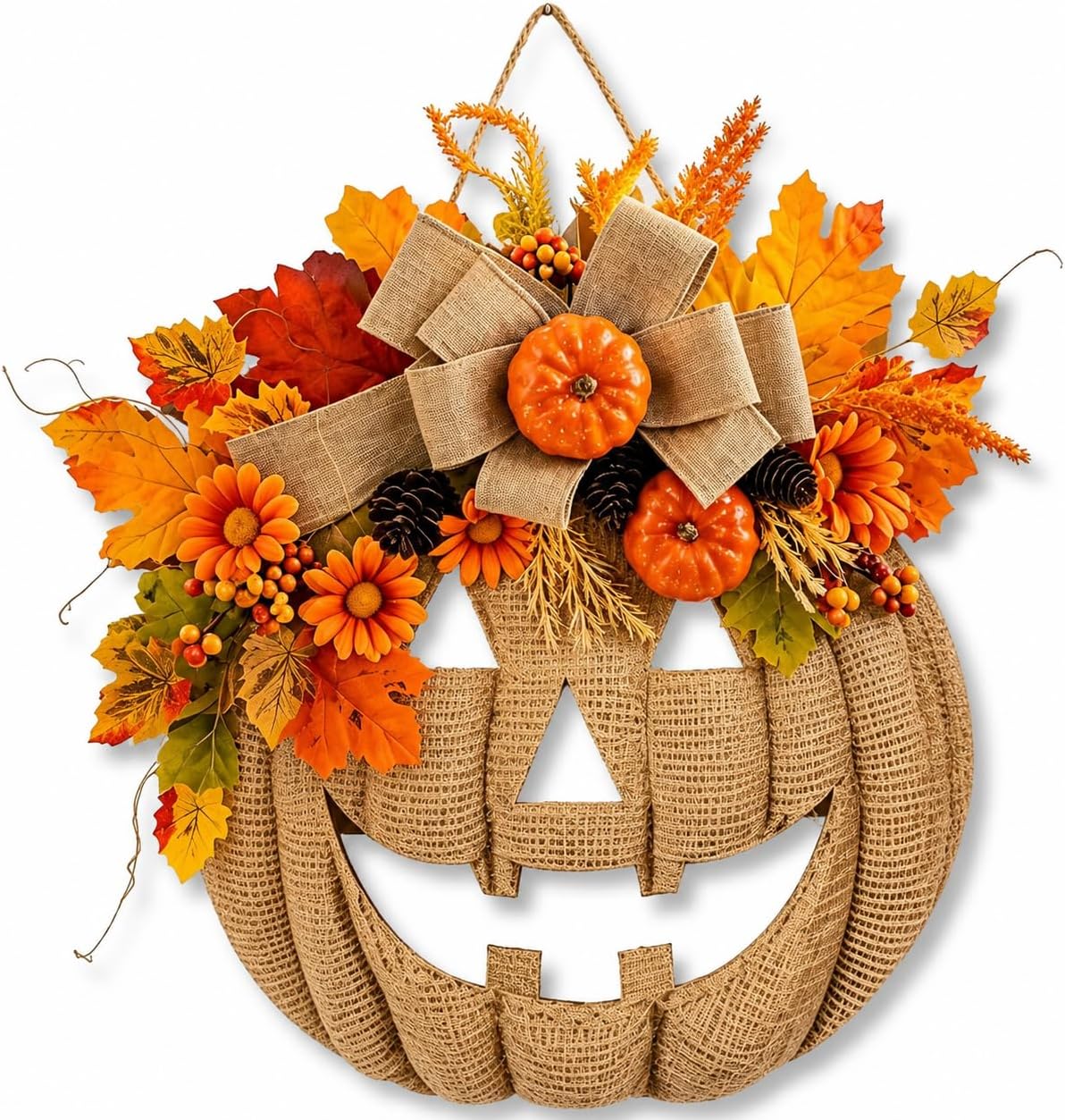 Lighted Burlap Pumpkin Wreath with Remote Control | Farmhouse Fall Wreath, 8-Mode LED Fall Door Decor, Halloween Autumn Wreath for Porch Home Decor，with Lights