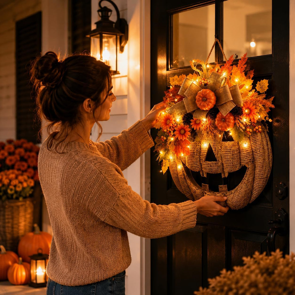 🎃🎃Lighted Burlap Pumpkin Wreath with Remote Control 🎃🎃