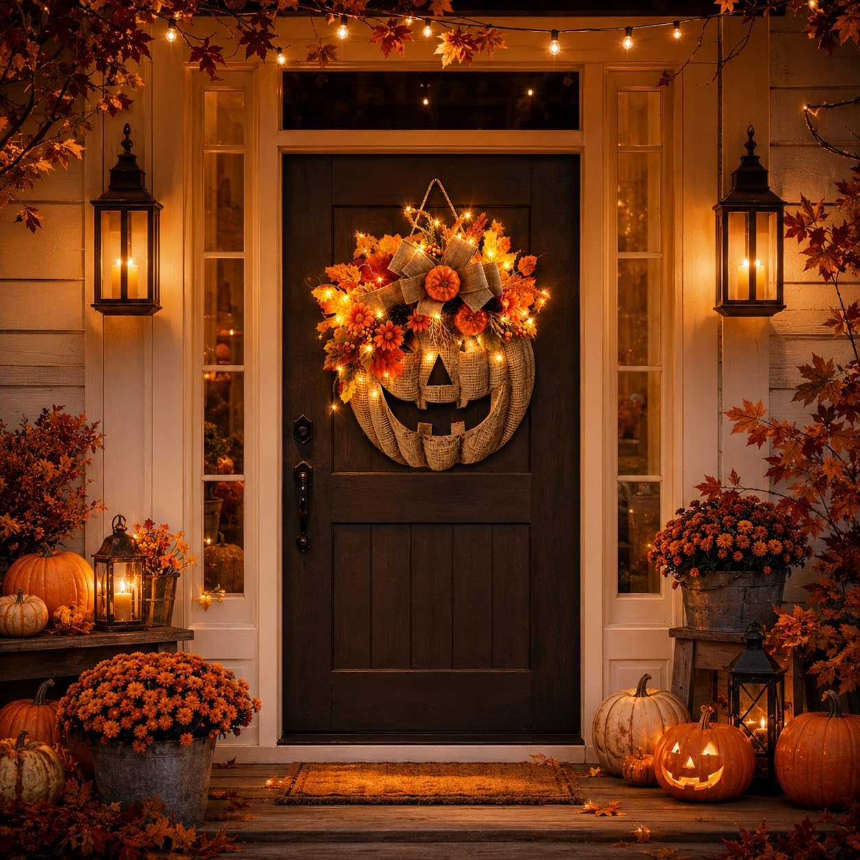 Lighted Burlap Pumpkin Wreath with Remote Control | Farmhouse Fall Wreath, 8-Mode LED Fall Door Decor, Halloween Autumn Wreath for Porch Home Decor，with Lights
