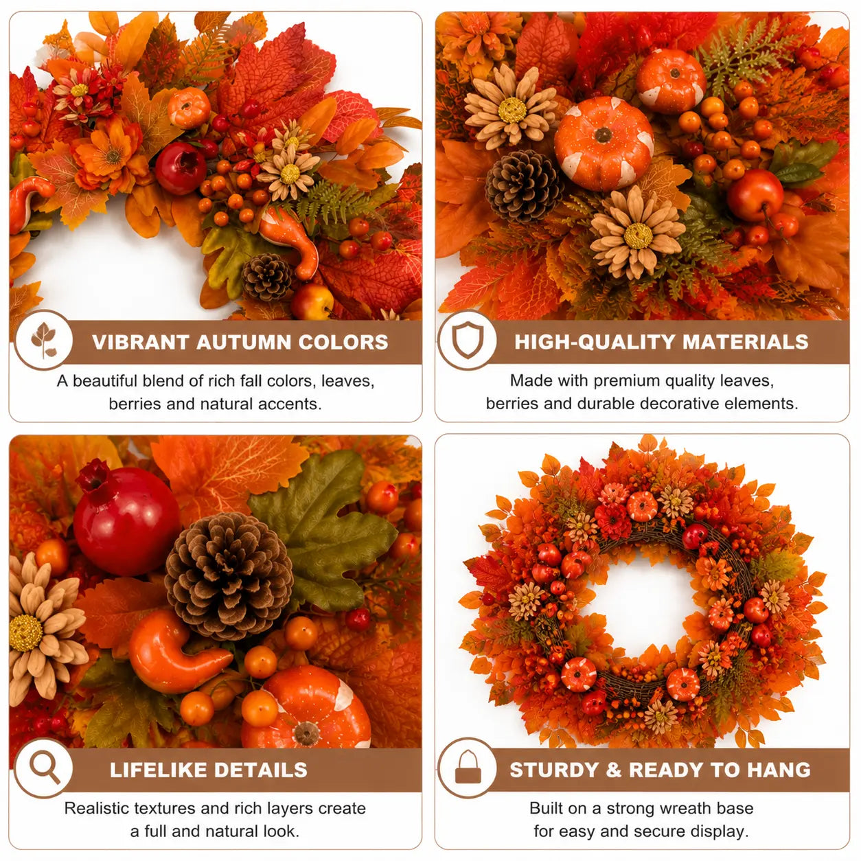 24 Inch Fall Wreath for Front Door – Autumn Wreath with Pumpkins, Apples, Pomegranates, Maple Leaves and Berries for Farmhouse Porch, Thanksgiving and Harvest Decor