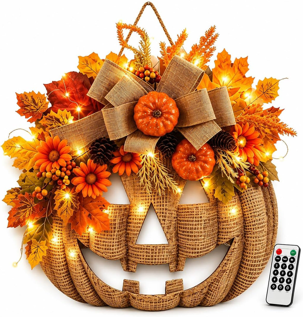 🎃🎃Lighted Burlap Pumpkin Wreath with Remote Control 🎃🎃