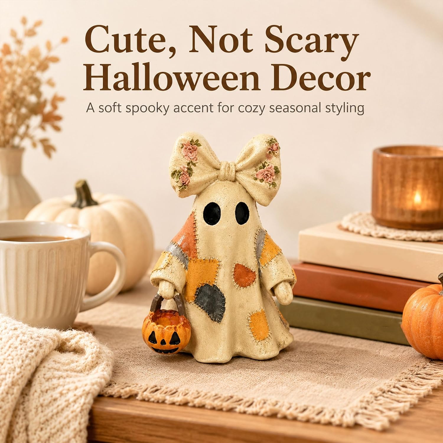 Vintage Resin Ghost Figurine, Halloween Tabletop Statue Decor | Cute Non Luminous Spooky Ghost Sculptures, Rustic Farmhouse Fall Home Ornament Gift Set for Tiered Tray Shelf Mantel