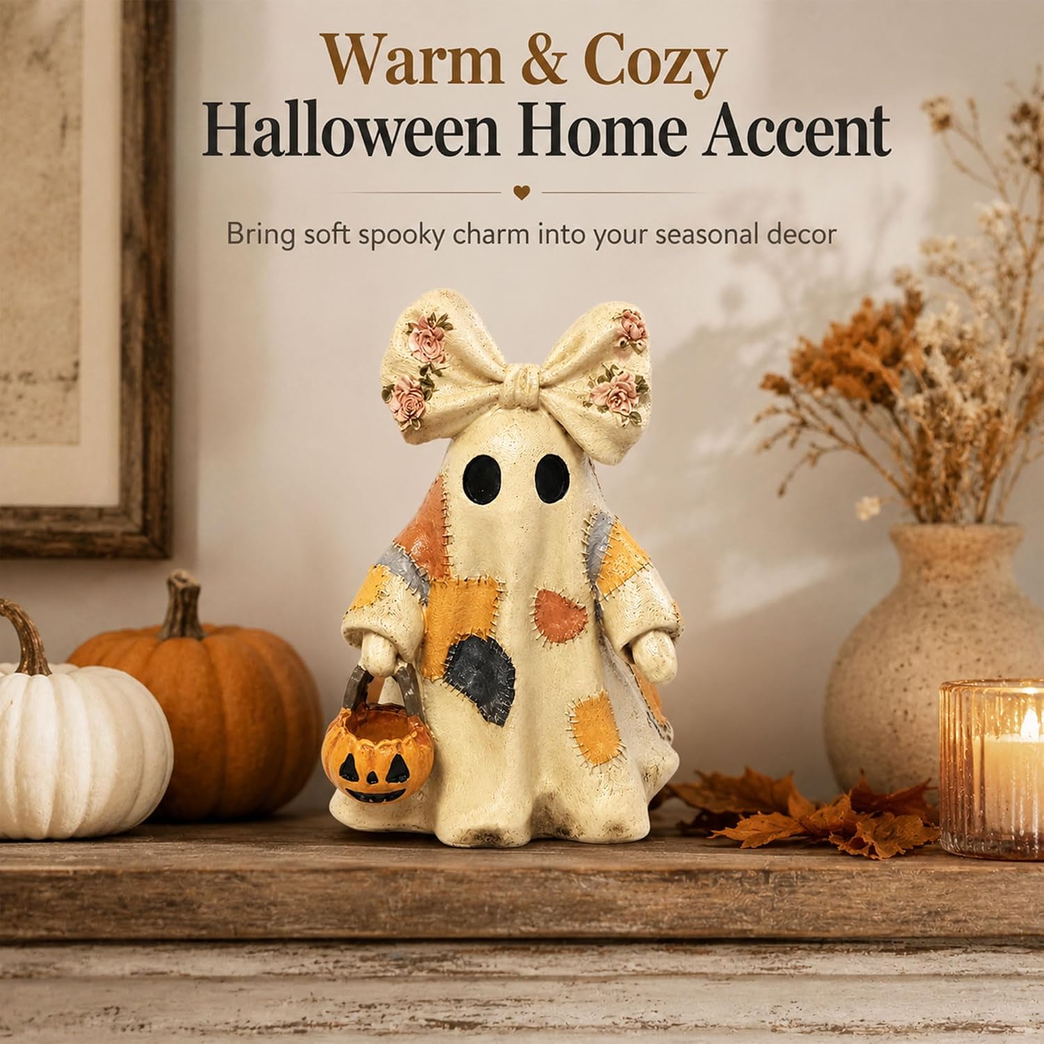 Vintage Resin Ghost Figurine, Halloween Tabletop Statue Decor | Cute Non Luminous Spooky Ghost Sculptures, Rustic Farmhouse Fall Home Ornament Gift Set for Tiered Tray Shelf Mantel