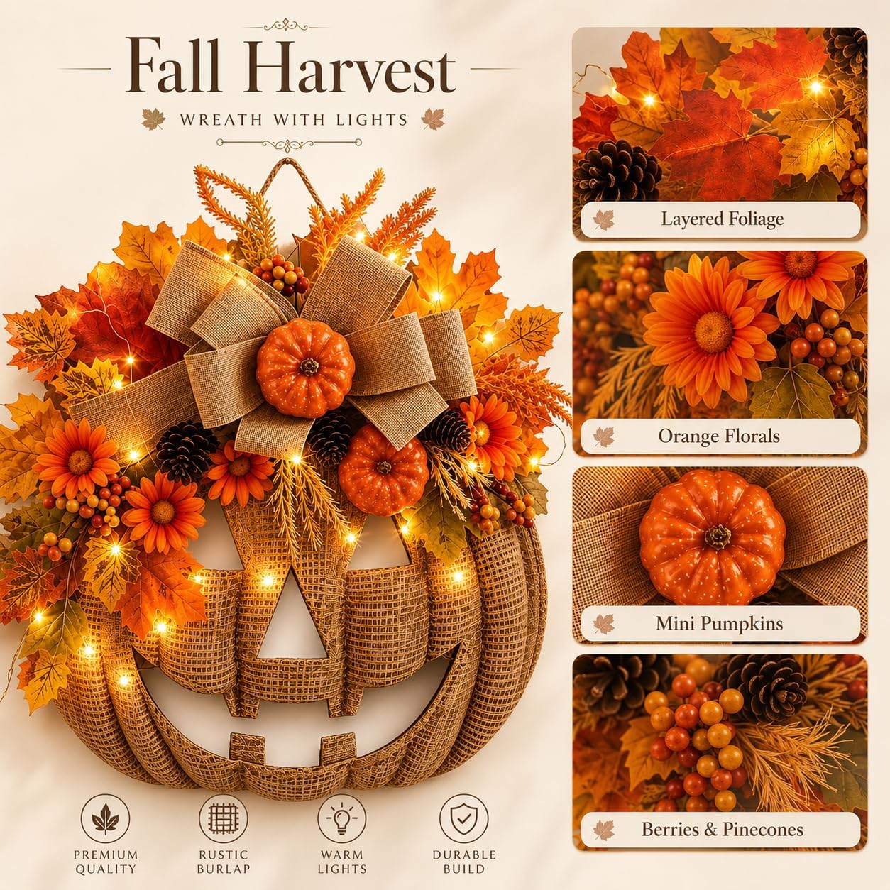 🎃🎃Lighted Burlap Pumpkin Wreath with Remote Control 🎃🎃
