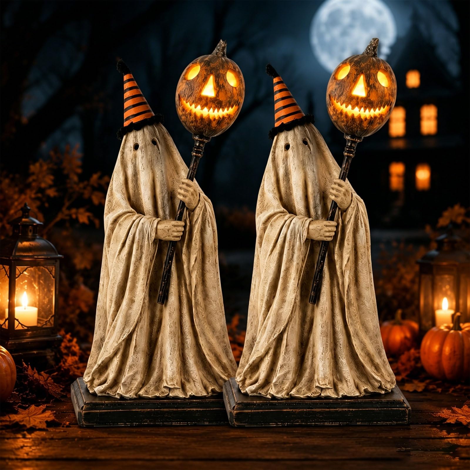 Lighted Vintage Ghost Figurine with Glowing Pumpkin Staff, Vintage Halloween Ghost Decor, Ghost Figurine for Mantel Shelf Entryway Table Home Office (1Pc)
