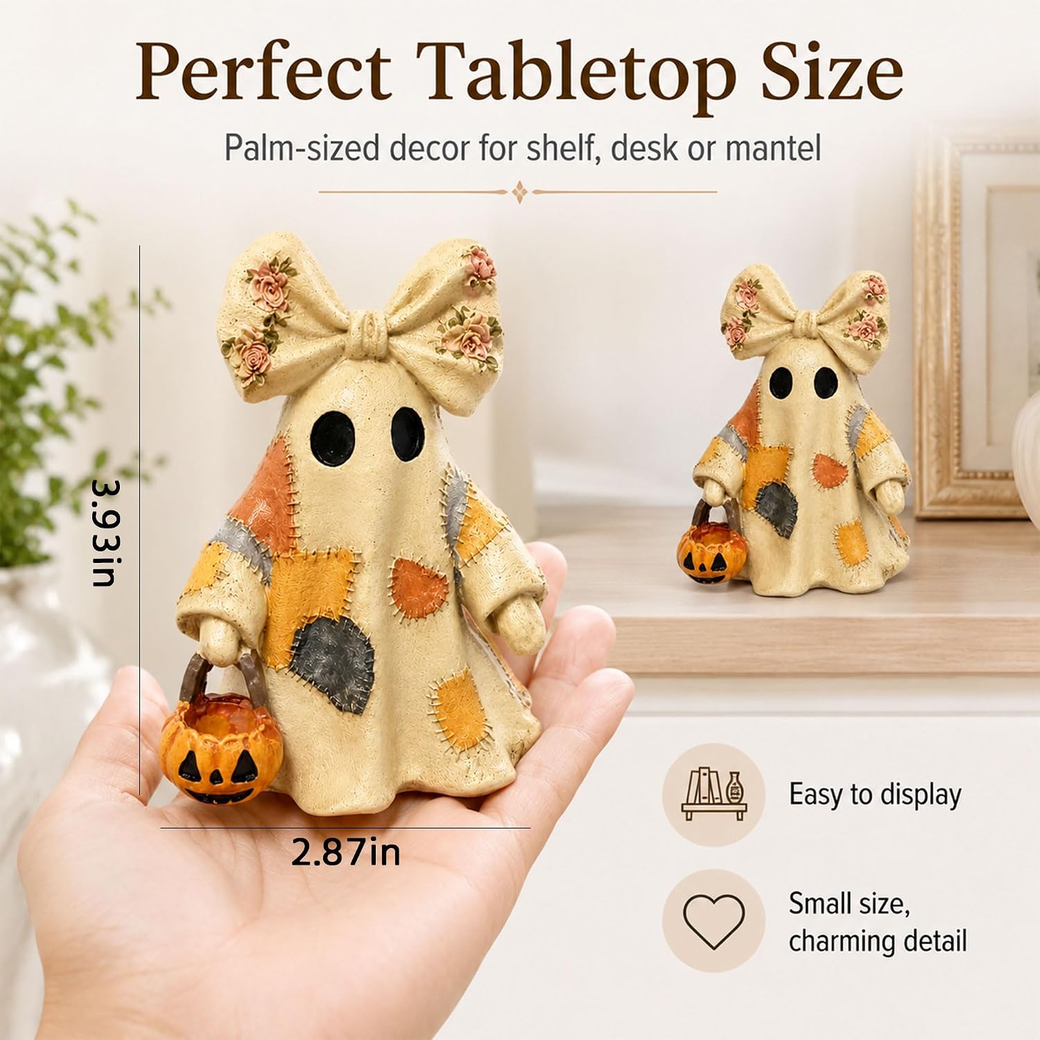 Vintage Resin Ghost Figurine, Halloween Tabletop Statue Decor | Cute Non Luminous Spooky Ghost Sculptures, Rustic Farmhouse Fall Home Ornament Gift Set for Tiered Tray Shelf Mantel