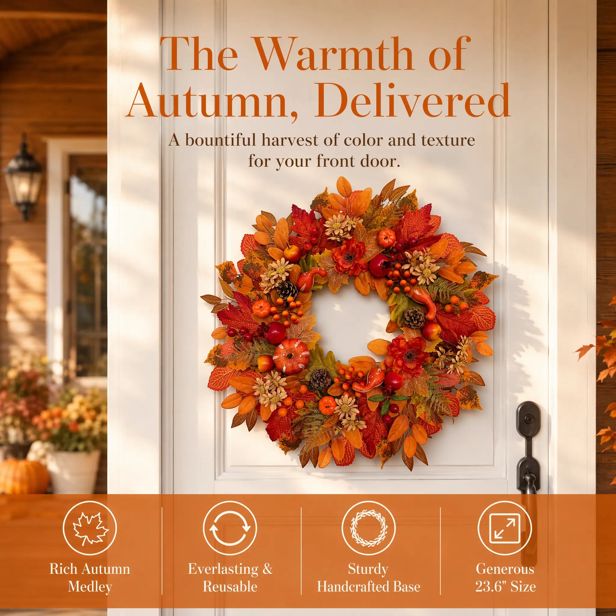 24 Inch Fall Wreath for Front Door – Autumn Wreath with Pumpkins, Apples, Pomegranates, Maple Leaves and Berries for Farmhouse Porch, Thanksgiving and Harvest Decor