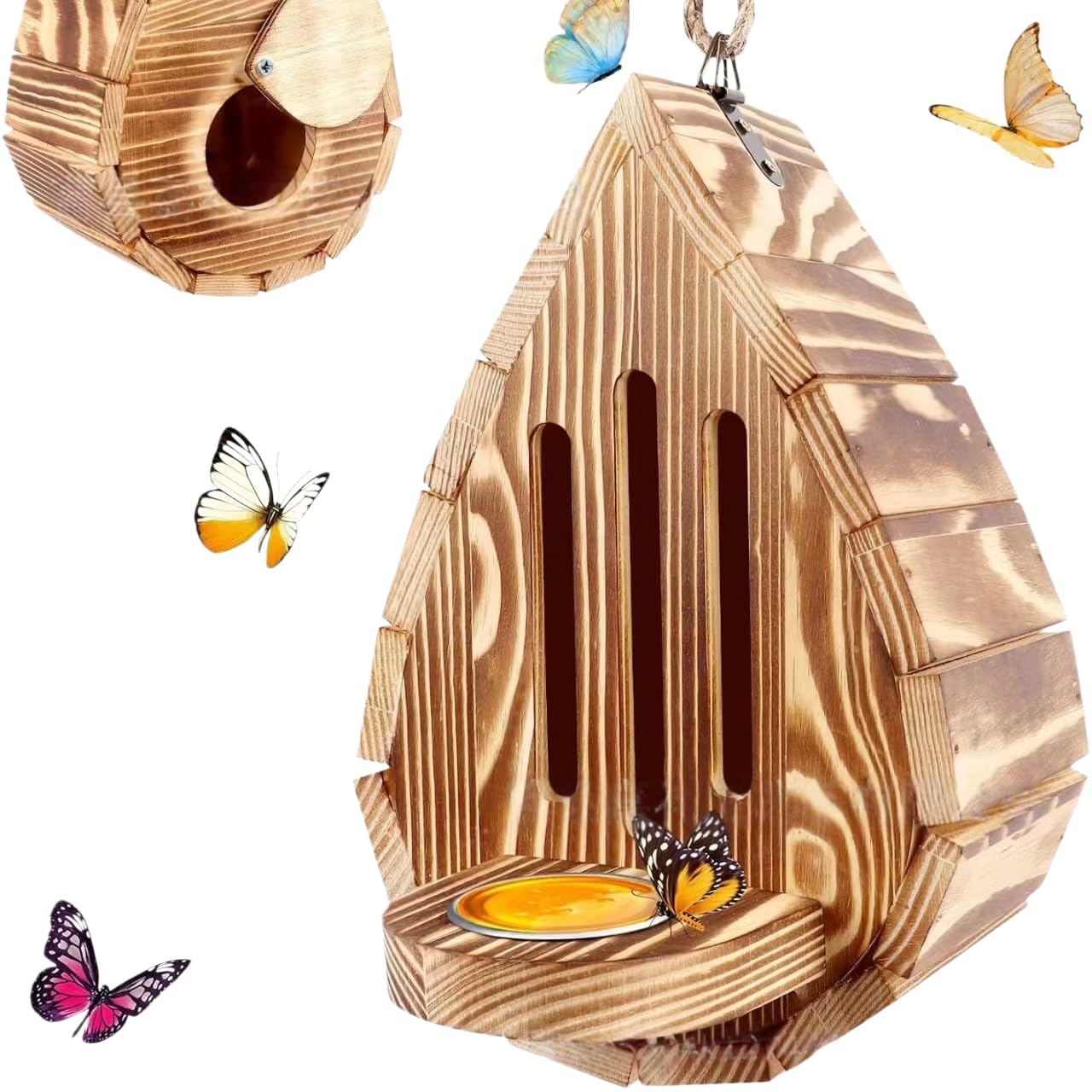 Wooden Butterfly House with Feeder, Hanging Butterfly Habitat Nesting Box, Outdoor Garden Butterfly Shelter for Butterflies Moths and Lacewings