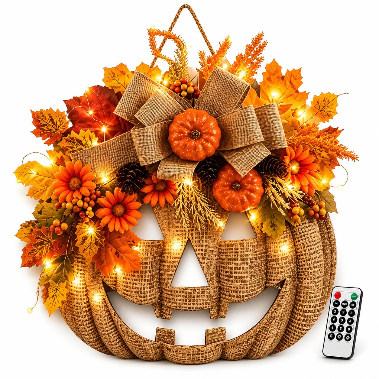 Lighted Burlap Pumpkin Wreath with Remote Control | Farmhouse Fall Wreath, 8-Mode LED Fall Door Decor, Halloween Autumn Wreath for Porch Home Decor，with Lights