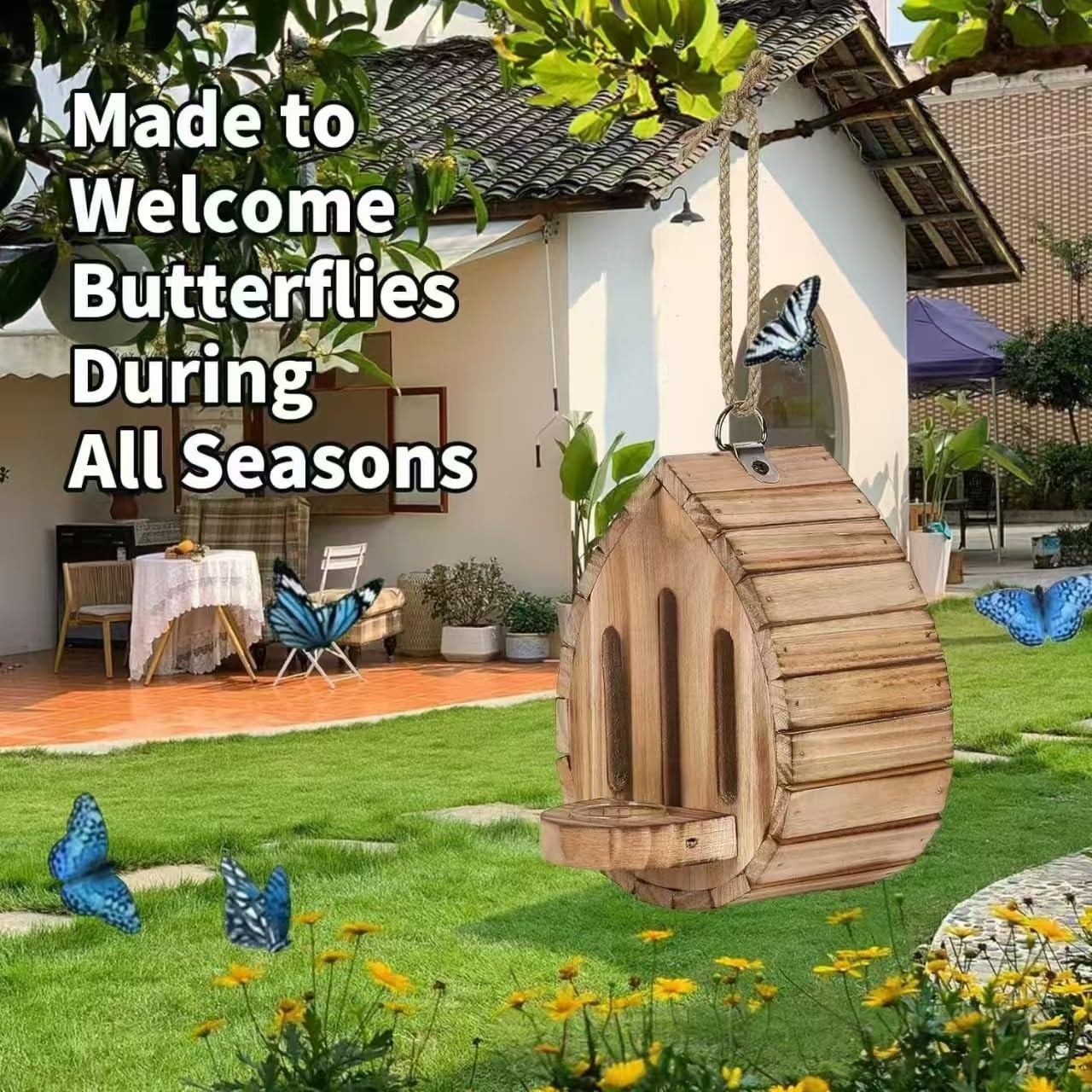 Wooden Butterfly House with Feeder, Hanging Butterfly Habitat Nesting Box, Outdoor Garden Butterfly Shelter for Butterflies Moths and Lacewings