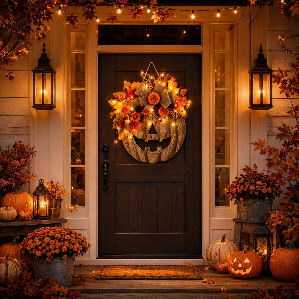 🎃🎃Lighted Burlap Pumpkin Wreath with Remote Control🎃🎃